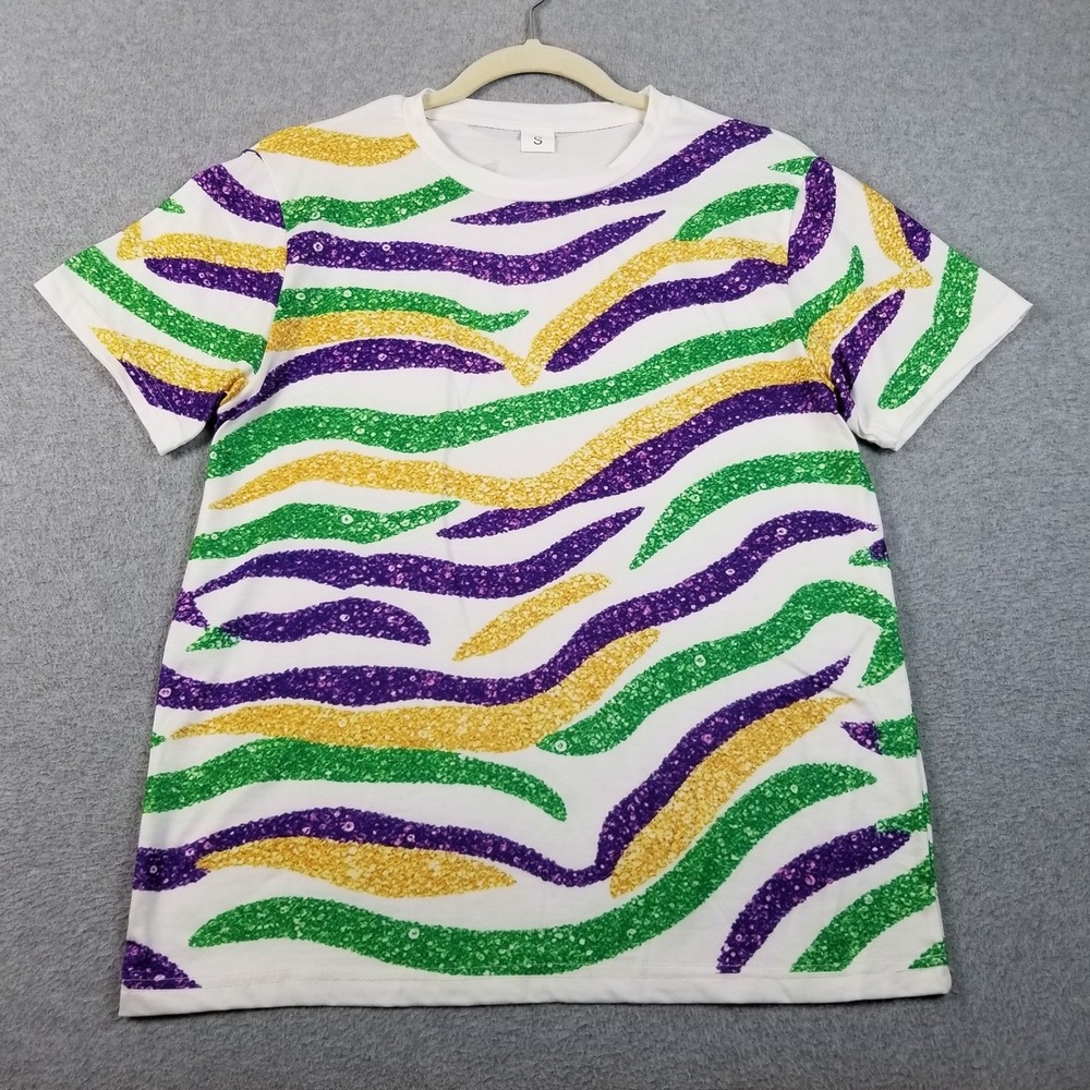 Mardi Gras T-Shirt Women's Small S Zebra Stripe Print Purple Green Gold Stretch